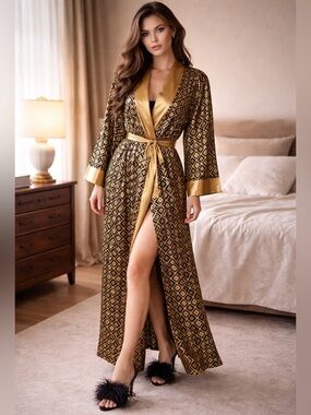 Victoria's Secret Gold and Black Patterned Satin-Trim Long Robe Sz M